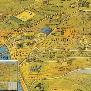 Puede incluir: Un mapa ilustrado vintage de Los &Aacute;ngeles, California, que muestra las ubicaciones de varios puntos de referencia, negocios y vecindarios. El mapa est&aacute; dibujado en un estilo de dibujos animados con colores brillantes y etiquetas de texto para cada ubicaci&oacute;n.
