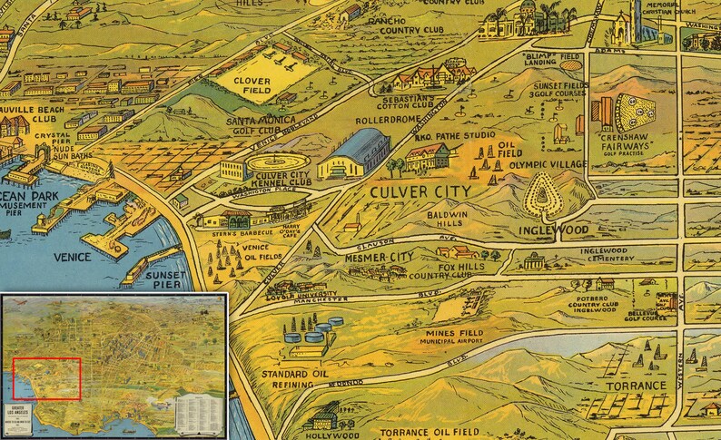 Puede incluir: Un mapa ilustrado vintage de Los &Aacute;ngeles, California, que muestra las ubicaciones de varios puntos de referencia, negocios y vecindarios. El mapa est&aacute; dibujado en un estilo de dibujos animados con colores brillantes y etiquetas de texto para cada ubicaci&oacute;n.