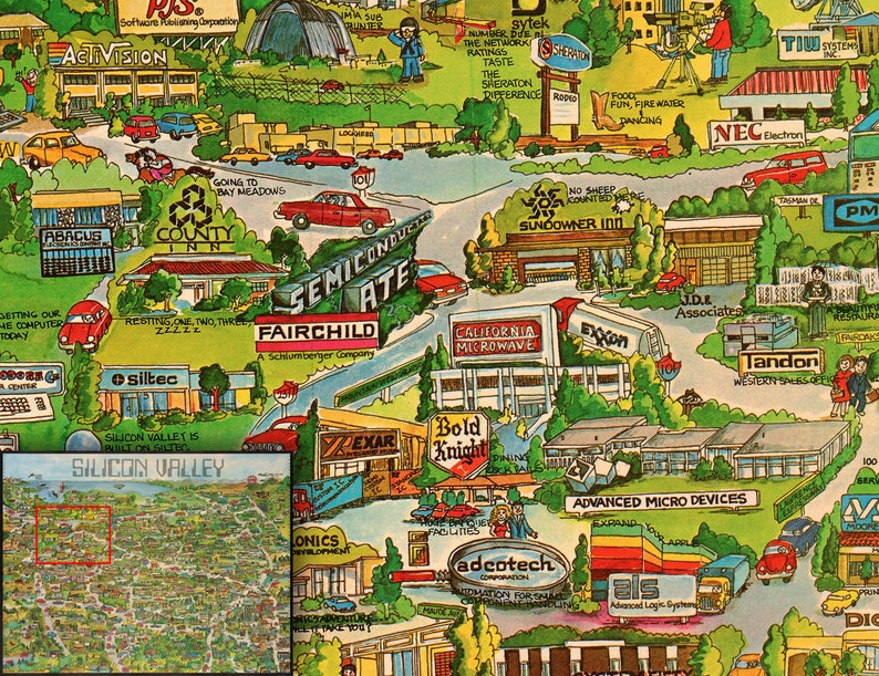 May include: A colorful cartoon map of Silicon Valley, California, with various buildings and businesses, including the County Inn, Fairchild Semiconductor, California Microwave, and Advanced Micro Devices. The map is surrounded by green trees and bushes.