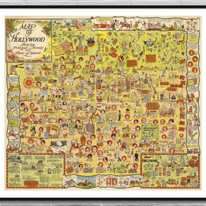 Carte d&#39;Hollywood Etats-Unis / films sur l&#39;histoire de la carte vintage / affiche d&#39;illustration de carte ancienne / affiche de cinéma numérique / décoration d&#39;art mural / téléchargement immédiat
