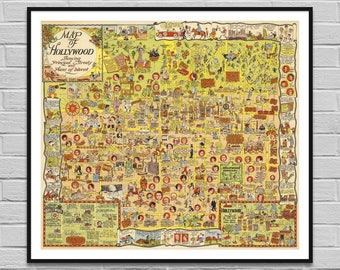 Map of Hollywood USA / vintage map history movies / old map illustration poster / digital poster cinema / wall art decor / Instant Download