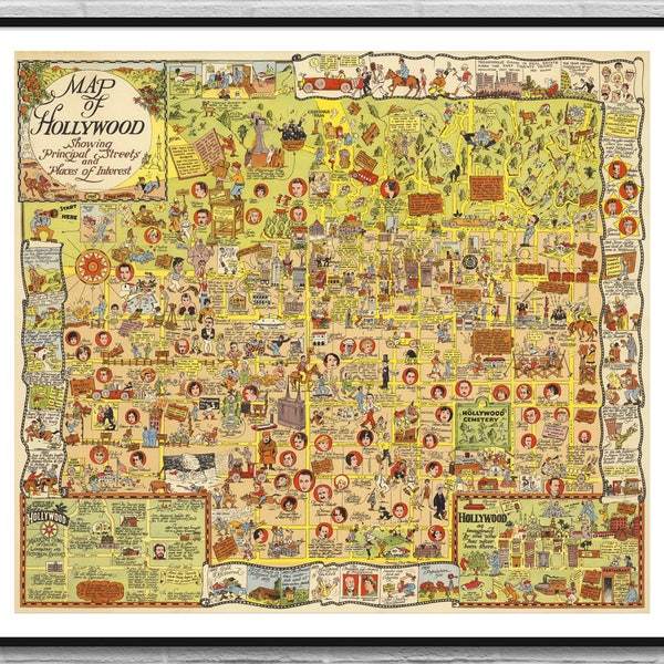 Map of Hollywood USA / vintage map history movies / old map illustration poster / digital poster cinema / wall art decor / Instant Download