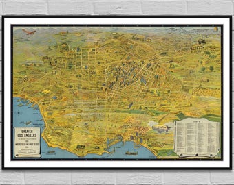 Los Angeles map digital poster / old print illustration / big large vintage map / wall art decor mapping Californian gift / INSTANT DOWNLOAD