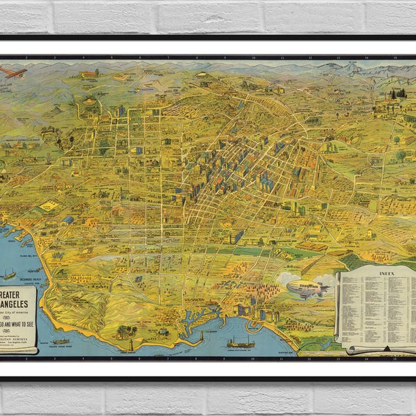 Los Angeles map digital poster / old print illustration / big large vintage map / wall art decor mapping Californian gift / INSTANT DOWNLOAD