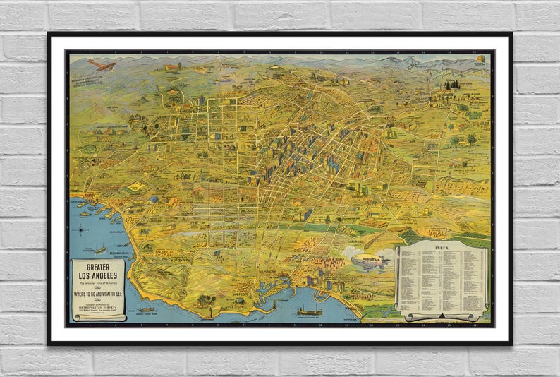 Los Angeles Map Digital Poster / Old Print Illustration / Big Large