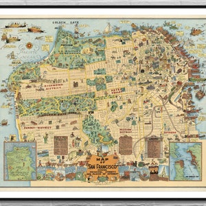 アメリカのサンフランシスコの地図 / ヴィンテージの古い地図のポスター / 大きなデジタルマップ / 壁アートの装飾イラスト マッピング デザイン / 即時ダウンロード