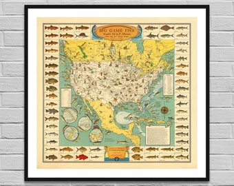 Mapa digital em pôster de peixes de grande porte / arte com peixes e animais / mapa grande dos EUA com registros de pesca / decoração de parede para presente de pescador / DOWNLOAD INSTANTÂNEO