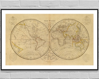 The World 1832 / Old map digital poster / Vintage poster / Printable cartography Interior decor / Globe maps illustration / INSTANT DOWNLOAD