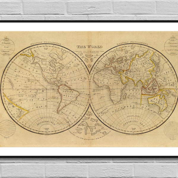 The World 1832 / Old map digital poster / Vintage poster / Printable cartography Interior decor / Globe maps illustration / INSTANT DOWNLOAD