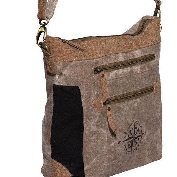 Compass handbag made from recycled repurposed tent canvas crossbody purse