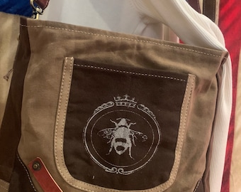 My Queen Bee Recycled Military Tent Truck Canvas Crossbody Tote Purse Handbag