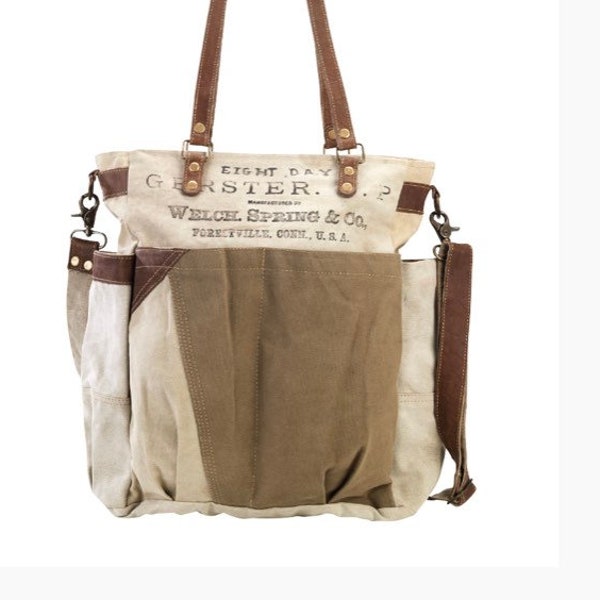 The teacher knitter Gardner bag tote made from military tent and truck canvases