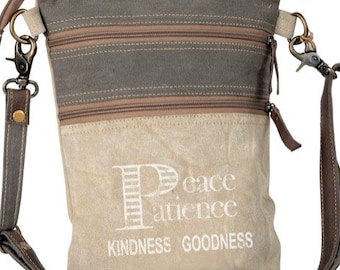 Up cycled and re-purposed military tent and truck canvas bag double zipper peace and patience crossbody or shoulder bag