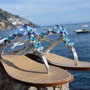 MADE IN ITALY. Blue Murano Style Crystal Sandal w Silver Leather. Italian Artisan Made Jeweled Sandals with Tuscan Leather.