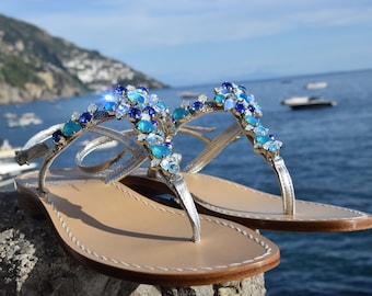 MADE IN ITALY. Blue Murano Style Crystal Sandal w Silver Leather. Italian Artisan Made Jeweled Sandals with Tuscan Leather.