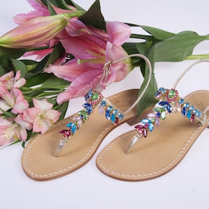 MADE IN ITALY. Francesca Multicolor Amalfi Sandal with Platinum Leather. Italian Artisan Made Jeweled Sandals with Tuscan Leather.