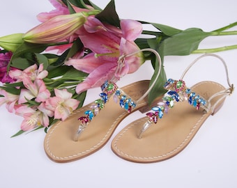 MADE IN ITALY. Francesca Multicolor Amalfi Sandal with Platinum Leather. Italian Artisan Made Jeweled Sandals with Tuscan Leather.