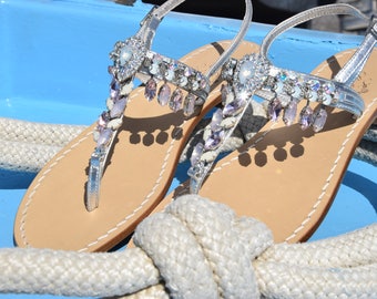 MADE IN ITALY. The Raffaella Sandal with Light Lilac Crystals and Tuscan Leather made by the hands of our Italian Artisans.