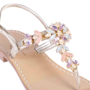 MADE IN ITALY Italian Artisan Jeweled Sandals w Tuscan Leather. Pink Crystals with Platinum Leather