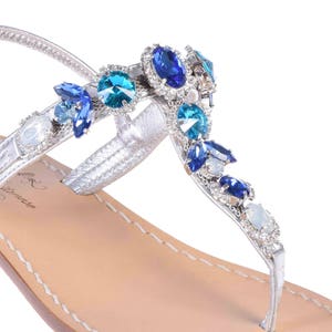 MADE IN ITALY. Sapphire Blue Sandal with Platinum Leather. Italian Artisan Made Jeweled Sandals with Tuscan Leather.