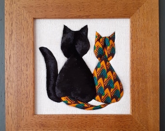 Cat Artwork - Cat lover gift - African fabric art - Pet Artwork  - Original framed Art - Gift with Cat