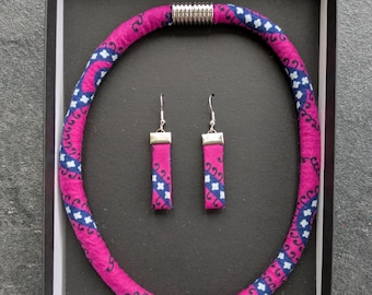 African print cord necklace and earrings set - African Wax print - Short necklace - Fabric jewellery - Textile Jewellery - Rope necklace