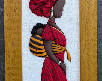 African fabric Wall Art - Gift - African Fabric picture - African wax print - Wall decor - Mother - Wall Art - Mother & Child