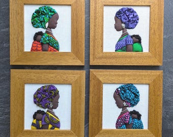 African fabric artwork - Mother's day gift - Mother and baby - Original framed Art - African woman head scarf - Mother - Mother & child