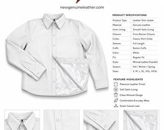 Chaqueta de hombre blanca de cuero genuino, sobrecamisa abotonada con forro de satén.