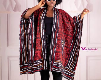 3# YAABA - Poncho Kimono Rojo / Kimono Ankara / Poncho Kimono con Estampado Africano / Poncho Kimono Ankara / Ropa Africana para Mujer
