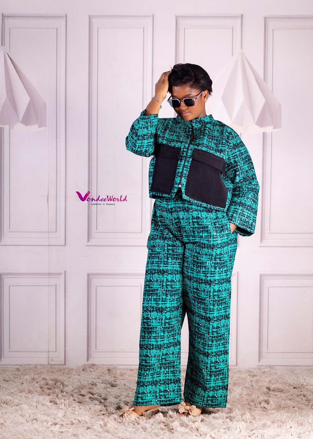 1# MOROWA African Print Palazzo Trouser + Long Sleeve Crop Top