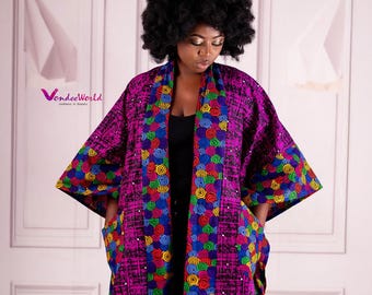 1# YAABA - Capa tipo poncho tipo kimono / Kimono Ankara / Capa tipo poncho tipo kimono con estampado africano / Capa tipo poncho tipo kimono Ankara / Ropa africana para mujer