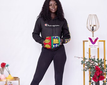 3# Champion African print color-blocked hoodie-Black| Ankara color-blocked hoodie, African print hoodie, unisex Ankara hoodie, ketene hoodie