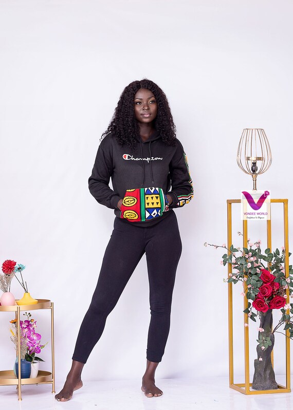 3 Champion African Print Color blocked Hoodie black Ankara Color