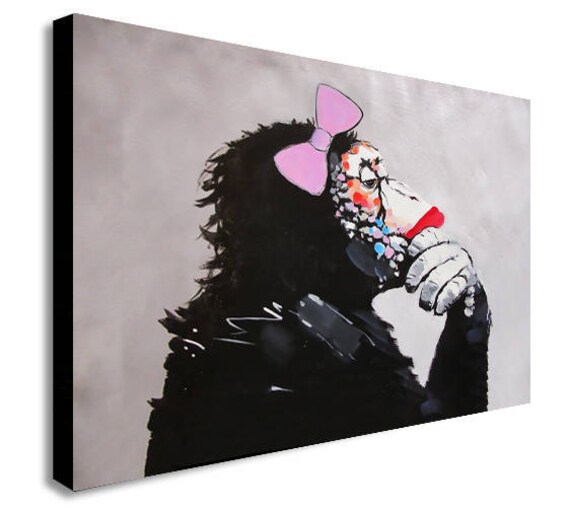 BANKSY MONKEY//CHIMP FEMALE THINKER Canvas Framed Wall Art Print Various Sizes