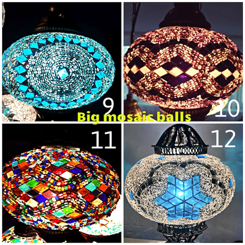 Puede incluir: Cuatro l&aacute;mparas de globo de mosaico de vidrio con diferentes dise&ntilde;os de colores. Las l&aacute;mparas est&aacute;n etiquetadas con los n&uacute;meros 9, 10, 11 y 12. El texto "Big mosaic balls" est&aacute; en el centro de la imagen.