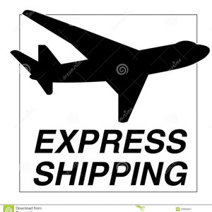 Puede incluir: Ilustración en blanco y negro de un avión con el texto "EXPRESS SHIPPING" debajo.