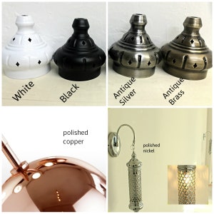May include: A set of ceiling light fixture covers in various finishes, including white, black, antique silver, antique brass, polished copper, and polished nickel. The covers have a decorative, ornate design with cutouts.