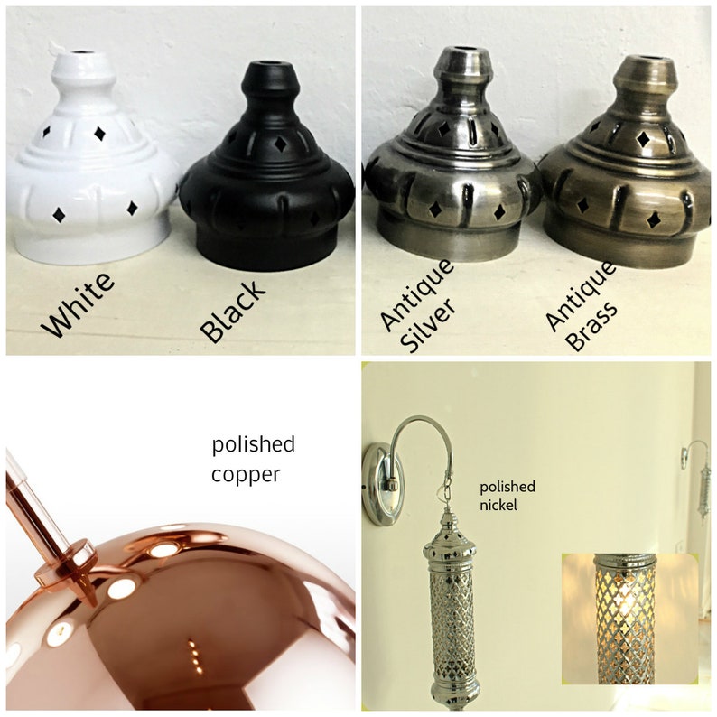 May include: A set of ceiling light fixture covers in various finishes, including white, black, antique silver, antique brass, polished copper, and polished nickel. The covers have a decorative, ornate design with cutouts.