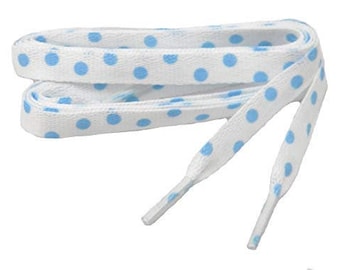 1 Pair - White Blue Polka Dot, Specialty printed shoelaces, 8mm wide flat fashion laces for all footwear and occasion