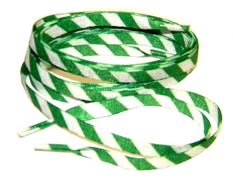 1 Pair - Green Candy Cane, Specialty printed shoelaces, 8mm wide flat fashion laces for all footwear and occasion