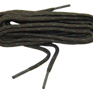May include: A pair of brown shoelaces with green stripes. The laces are coiled together and the ends are visible.
