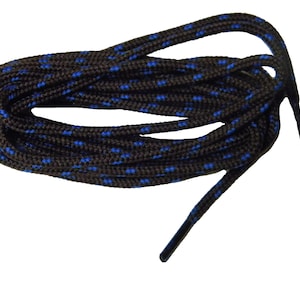 May include: A pair of black shoelaces with blue accents. The laces are coiled together and have a smooth, textured surface.