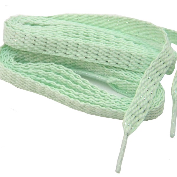 2 Pair Pack- Pistachio Mint, Reflective 8mm wide Retro Flat Style Safety Runner Athletic Shoelaces