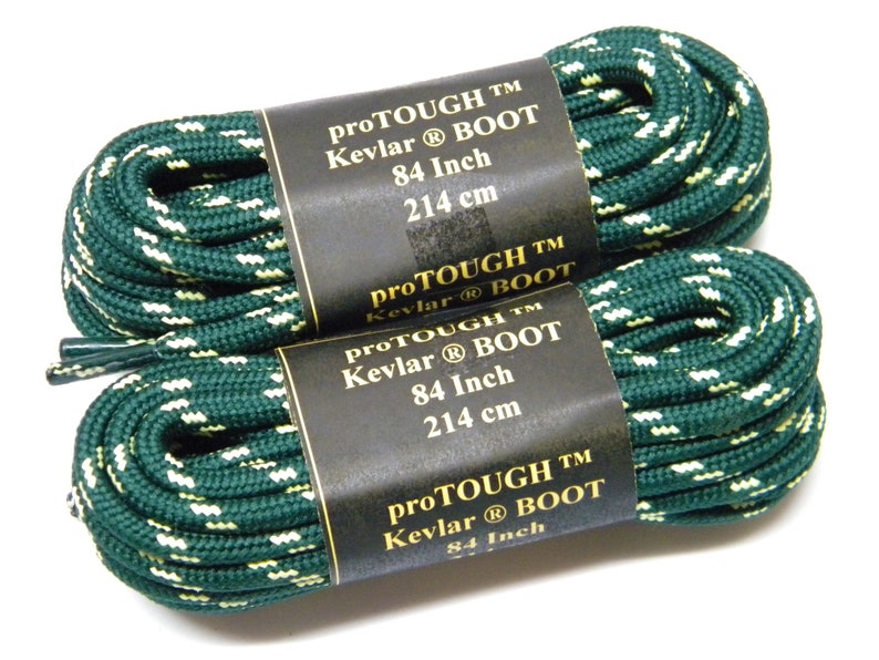 May include: Two pairs of green and white shoelaces with black labels that read "pro TOUGH TM Kevlar&reg; BOOT 84 Inch 214 cm".