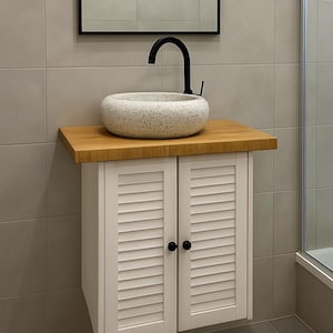 Floating Bathroom Vanity, Wall Mounted White Cabinet with Wood Top, Small Bathroom Storage, Modern Rustic Vanity, bathroom decor