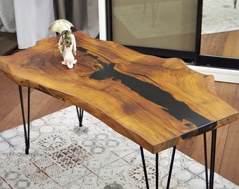 Live Edge Hand-Crafted Walnut Coffee Table, Rustic Natural Unique Epoxy Table, Brown Epoxy Modern Wood Slab River Coffee Table,New Home Gift