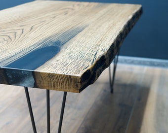Live Edge Oak Coffee Table, Rustic Solid Wood with Metal Legs