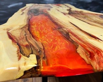 Live edge maple wood and orange lava coffee table, unique epoxy resin river table, new home gift, gift for wife, accent modern table