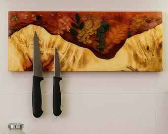 Handmade Floral Epoxy Magnetic Knife Rack – Maple Wood Wall Display
